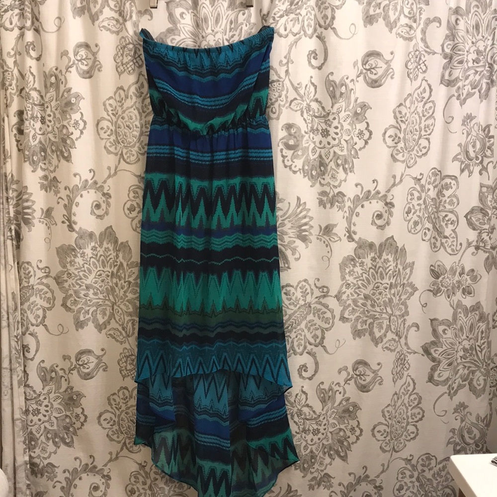 Strapless high low printed dress